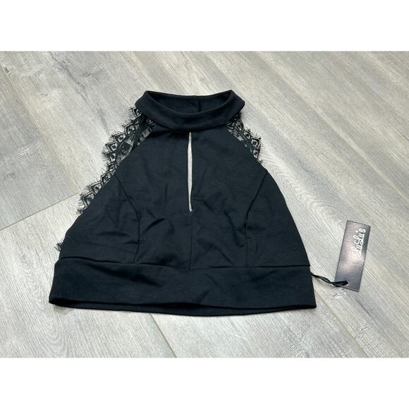 NWT Lulus Womens Black Stretch Crop Halter Top With Lace Open Back Size Medium - Picture 3 of 9